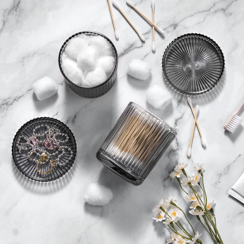 MKOSAB 2 Pack Qtip Holder - Apothecary Jars with Lids, Bathroom Organizers and Storage Canister for Cotton Balls,Swabs,Floss Picks,Hair Ties,Clear Glass Vintage Bathroom Decor Jar Set (Gray) - Image 2